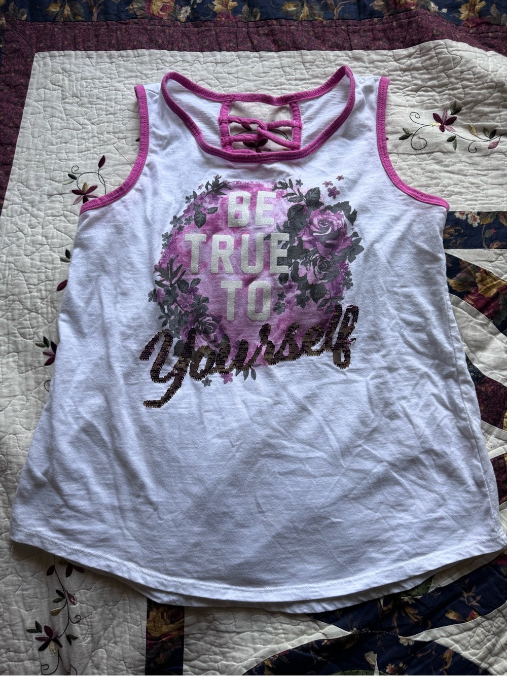Justice White Tank Top with Pink Trim & Floral Graphic